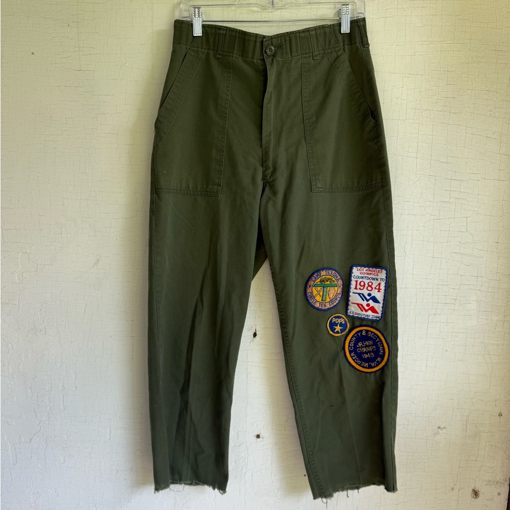 Vintage embroidered patchworked green military fatigues